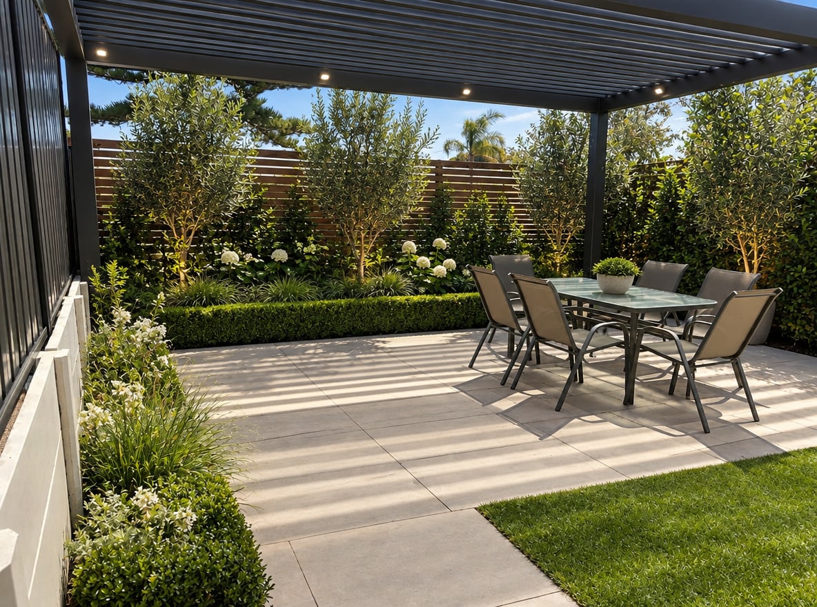 Contemporary Dining Patio with Olive Tree Borders