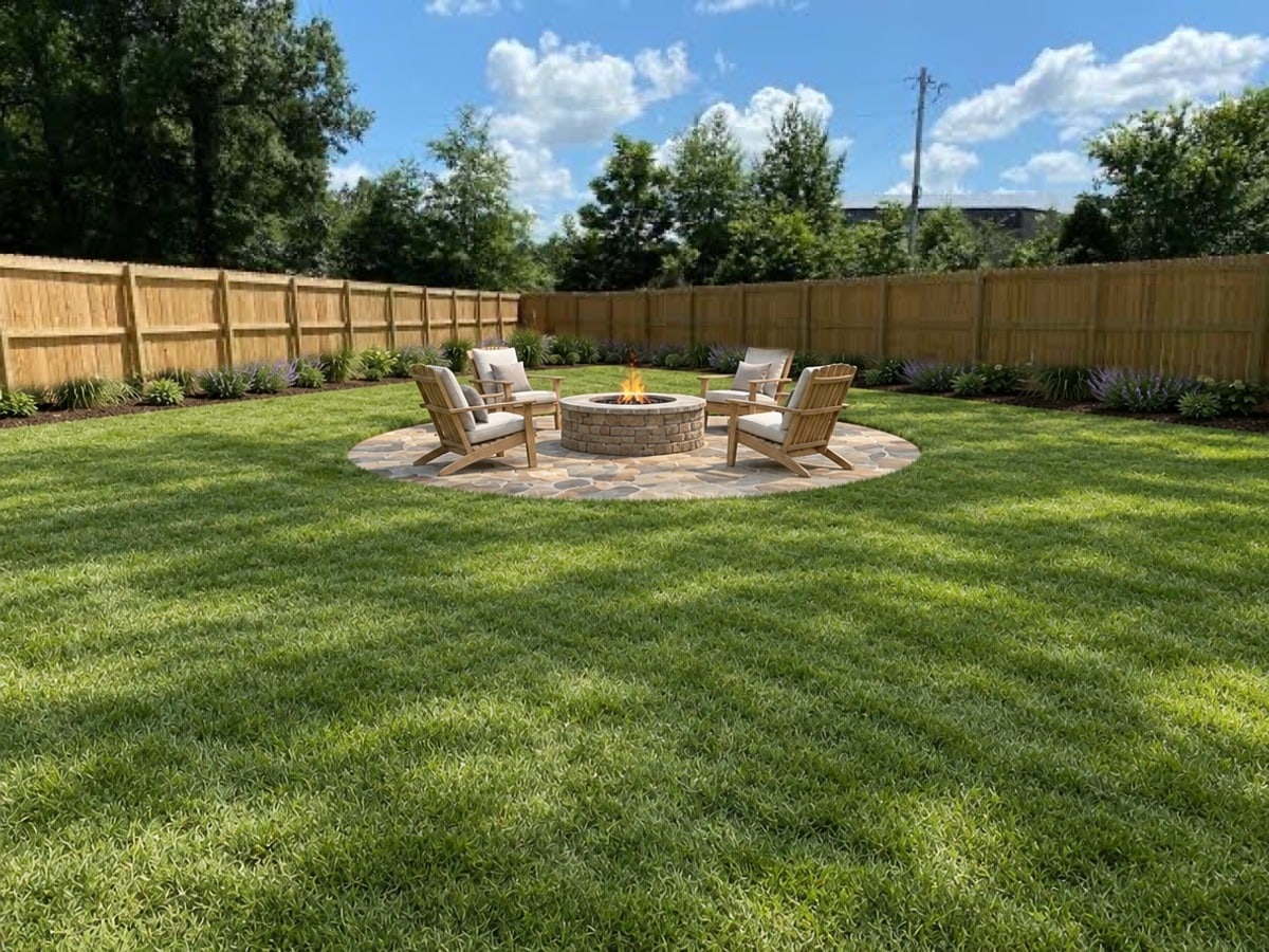 Lawn Garden with Circular Fire Pit Patio