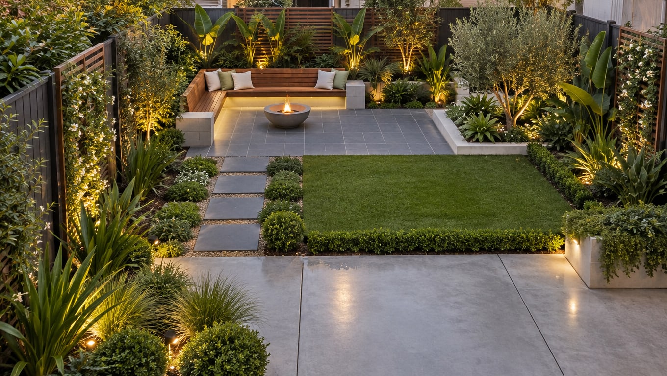 Modern Backyard with Fire Bowl and Olive Trees