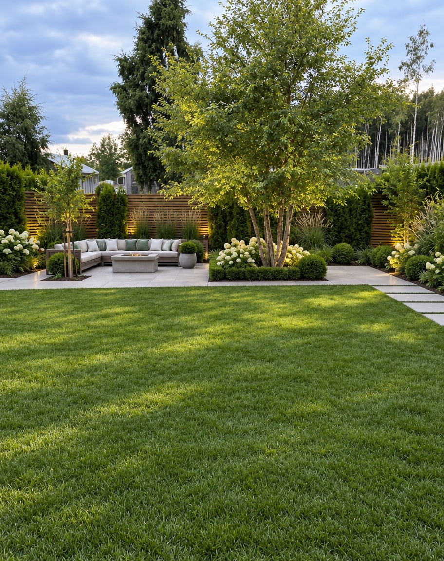 Modern Backyard with Hydrangeas and Lounge Patio