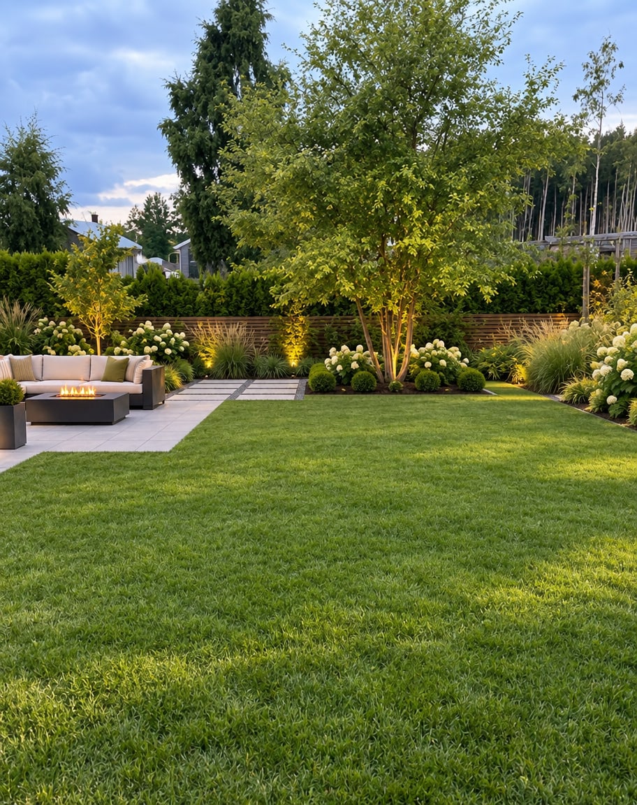 Modern Backyard with Lawn and Fire Table