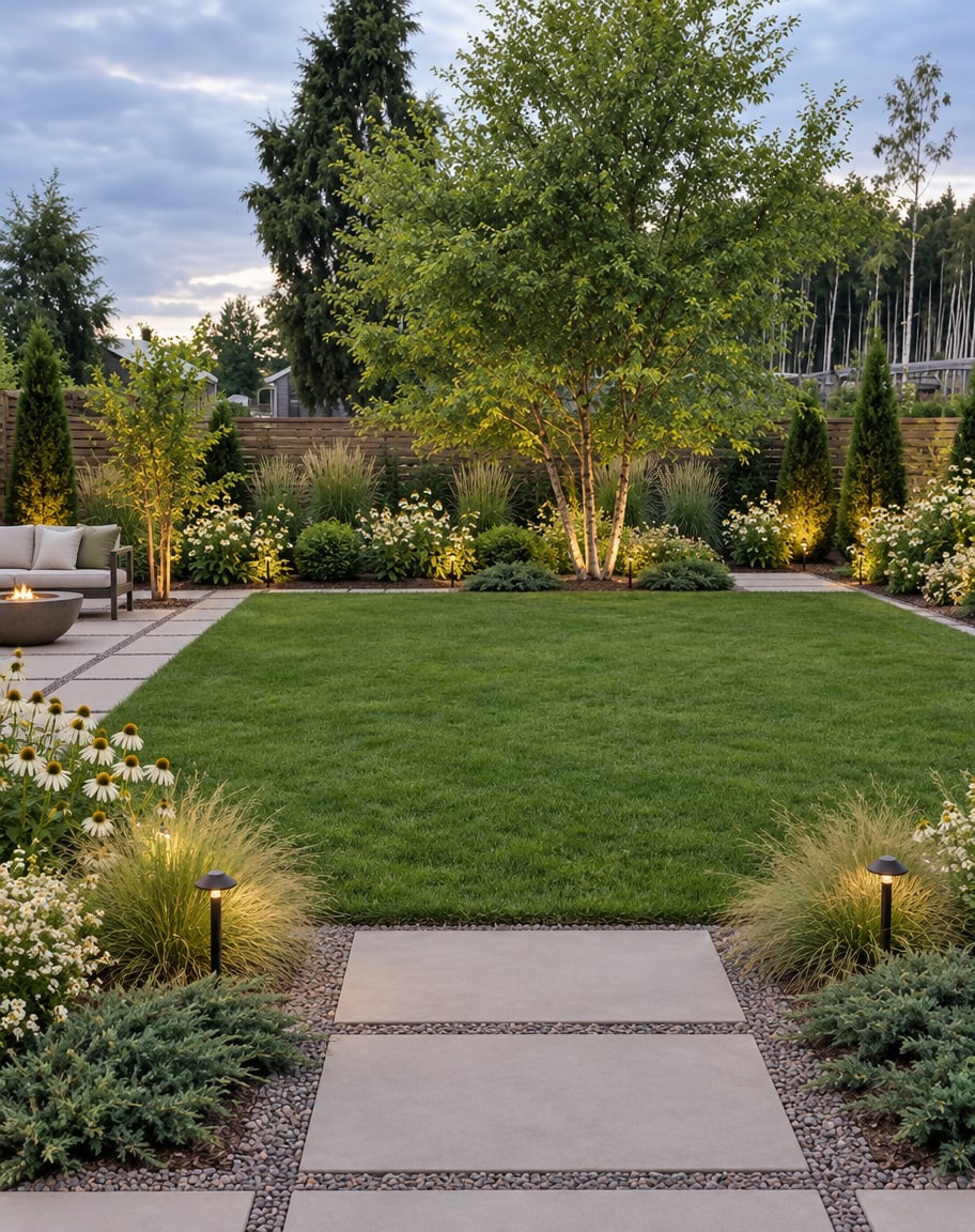 Modern Backyard with Lawn and Illuminated Borders