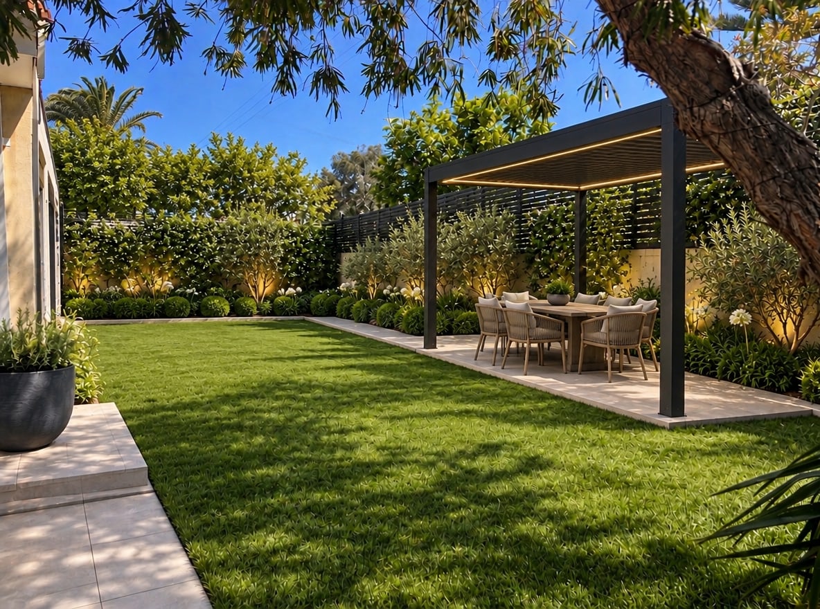 Modern Lawn Garden with Sheltered Outdoor Dining
