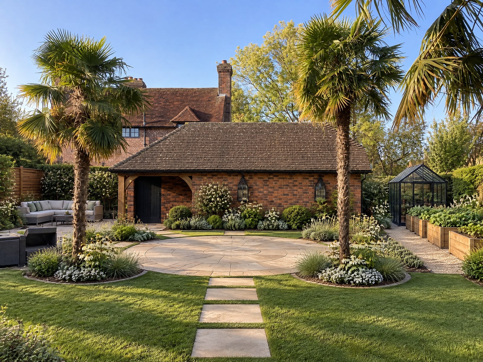 Palm Garden with Circular Patio and Greenhouse
