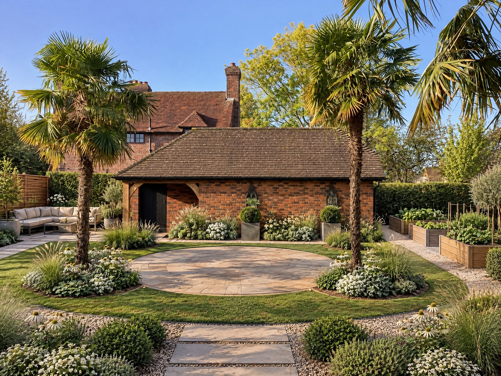 Palm Garden with Circular Patio and Raised Beds