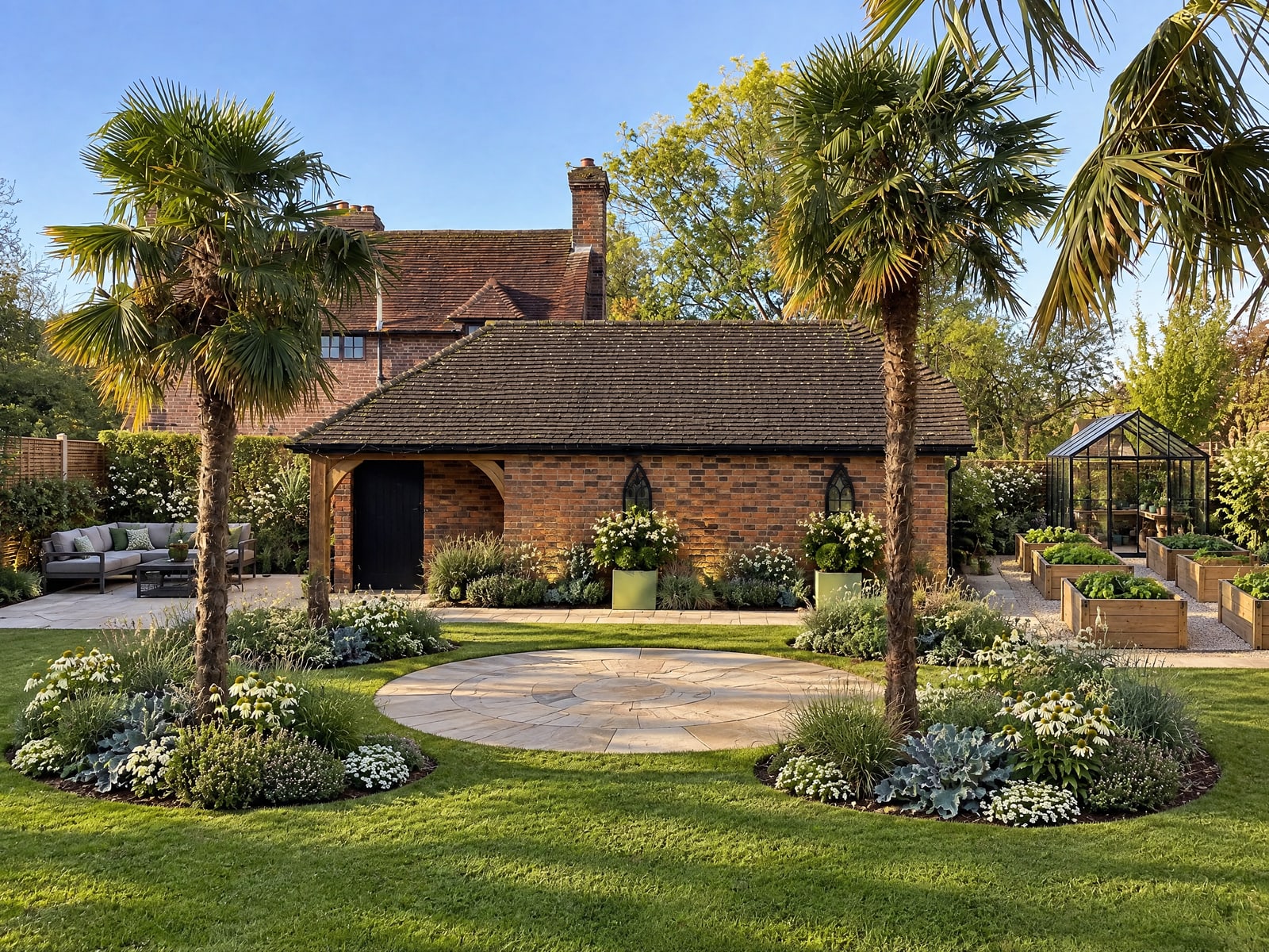 Palm Garden with Circular Patio and Raised Beds