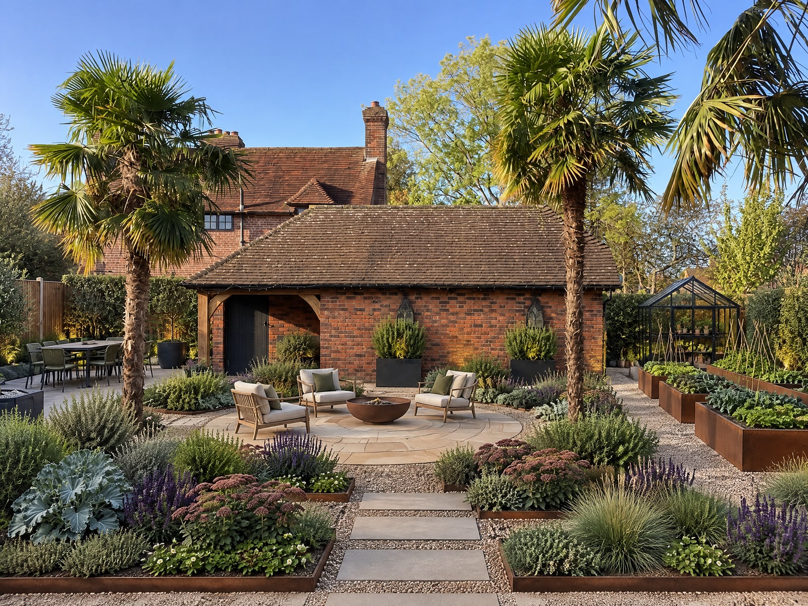 Palm Garden with Circular Patio and Raised Beds