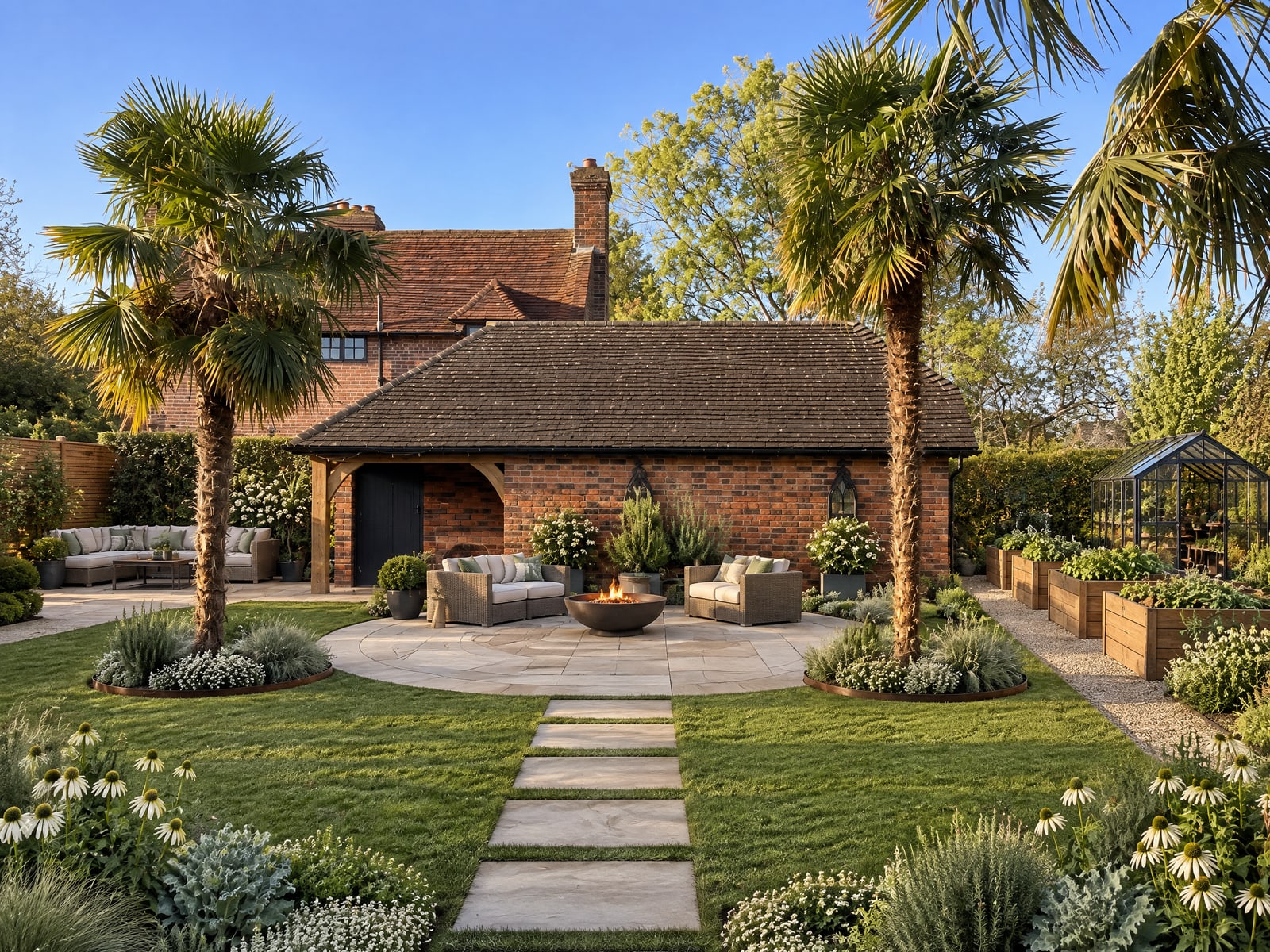 Palm Garden with Fire Bowl and Greenhouse