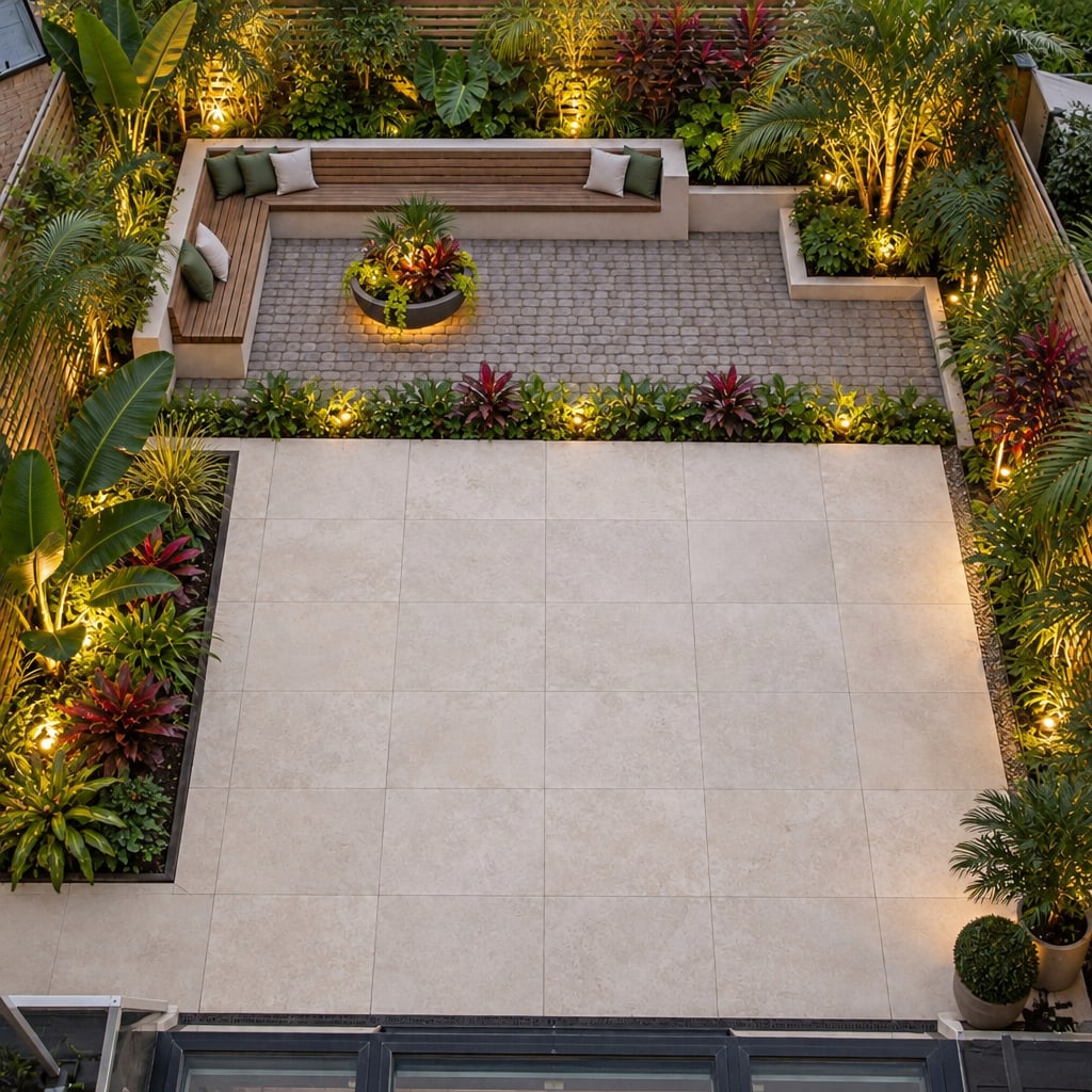 Tropical Courtyard with Built-In Timber Seating