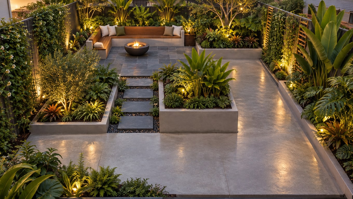 Tropical Courtyard with Raised Beds and Fire Bowl